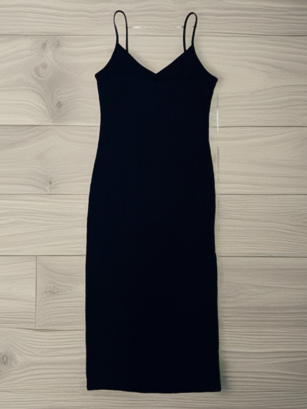 🏯 Forever 21 Black Ribbed Spaghetti-Strap Midi Dress w/ Slit~Women’s Sm